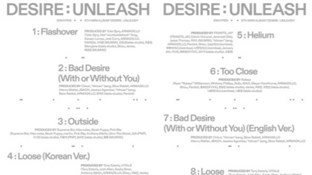 ENHYPEN、6thミニアルバム「DESIRE : UNLEASH」トラックリストを公開…タイトル曲は「Bad Desire」