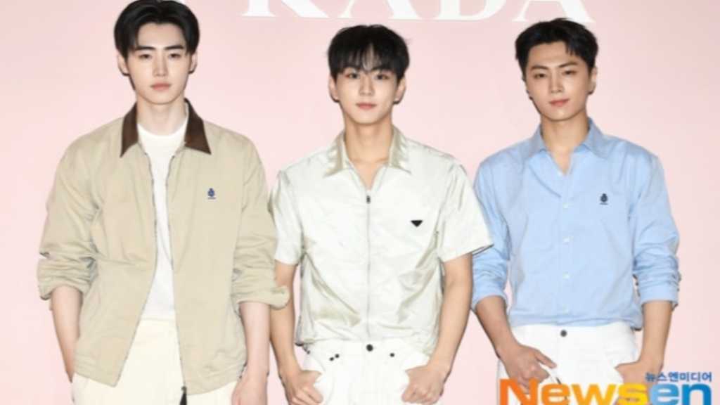 ENHYPEN members Jungwon, Sunghoon, and Jay attended the opening event of 'Prada White Sun' at Lotte Department Store in Seoul.