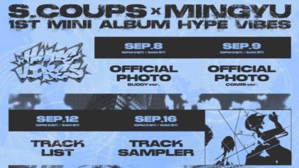 S.COUPS and Mingyu of SEVENTEEN reveal their 1st mini album 'HYPE VIBES' promotional schedule, featuring various content releases.