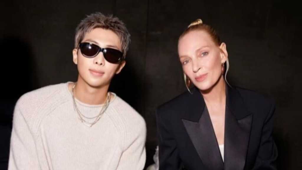 BTS's RM dazzles at Milan Fashion Week, sitting with Uma Thurman and showcasing his stylish look, while the group prepares for a comeback.