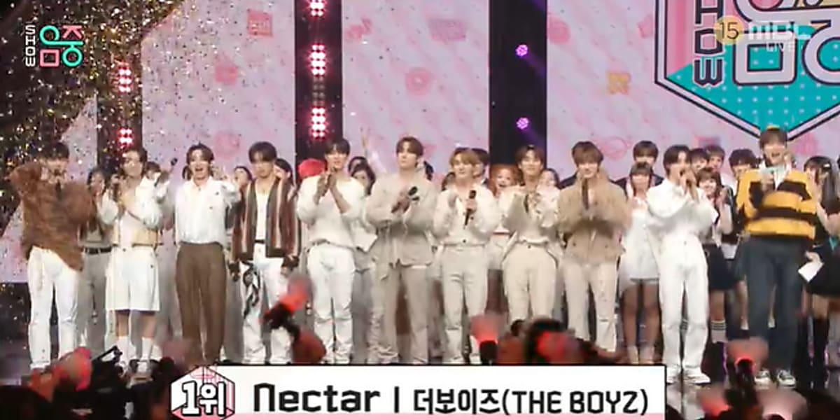THE BOYZ wins first place on "Show! Music Core" in Korea with their song "Nectar." Other artists, including BoA and Kim Namjoo, also performed.