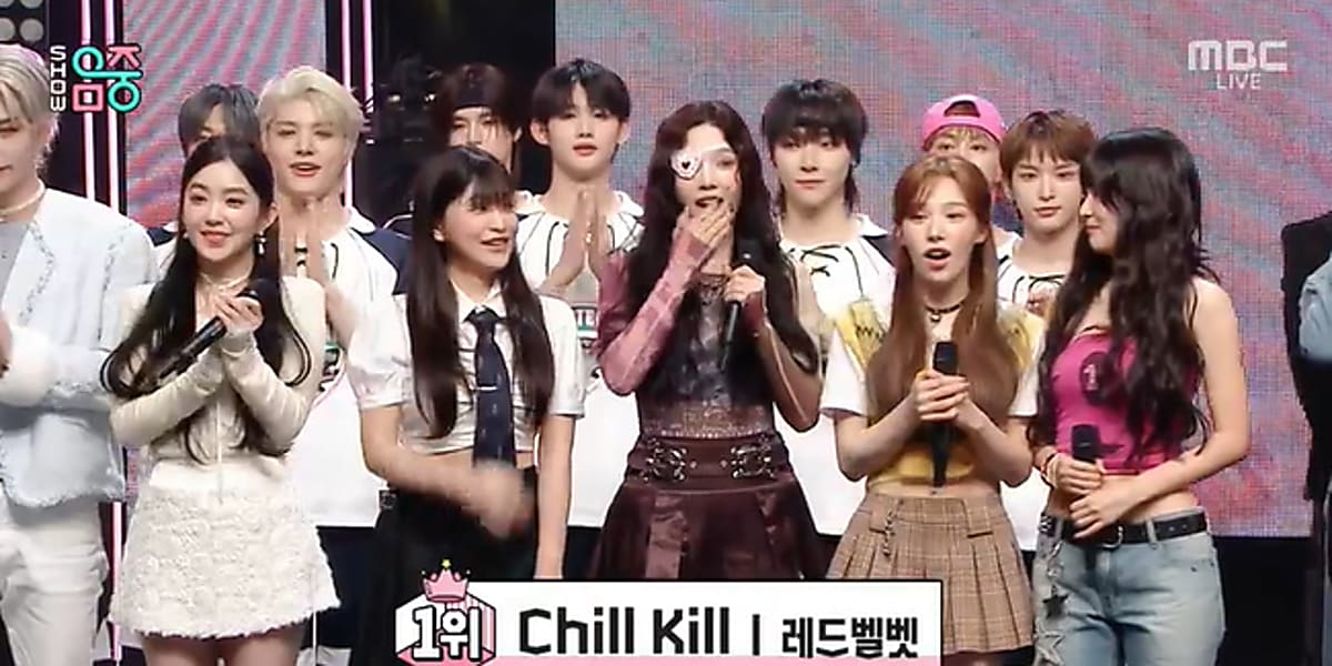 Red Velvet's "Chill Kill" wins 1st place on "Show! Music Core," surprising Joy and featuring performances by other K-pop groups.